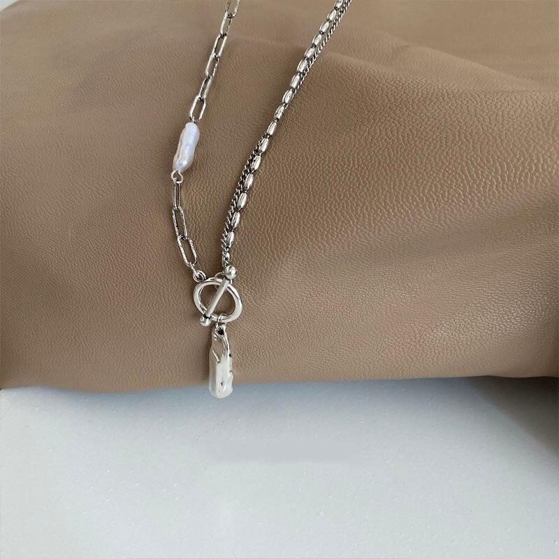 Collar de perlas barrocas irregulares de plata esterlina 925 para mujer, collar con cierre OT geométrico, joyería de fiesta nueva