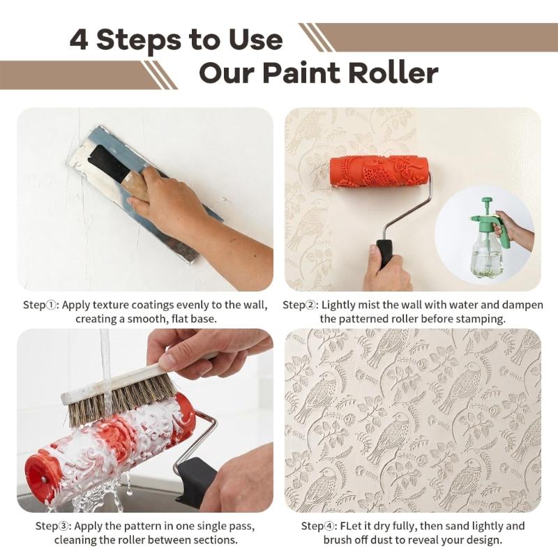 Decorative Texture Paint Roller with Bird and Leaf Embossed Rubber, 7 Inch Wall Pattern Roller for Accent Walls and DIY Paint Projects