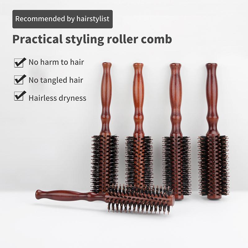 1 Stück Holzgriff, runde Rollbürste, gerader Twill-Haarkamm, Wildschweinborsten, runder Lauf, Lockenbürste, Friseurwerkzeug
