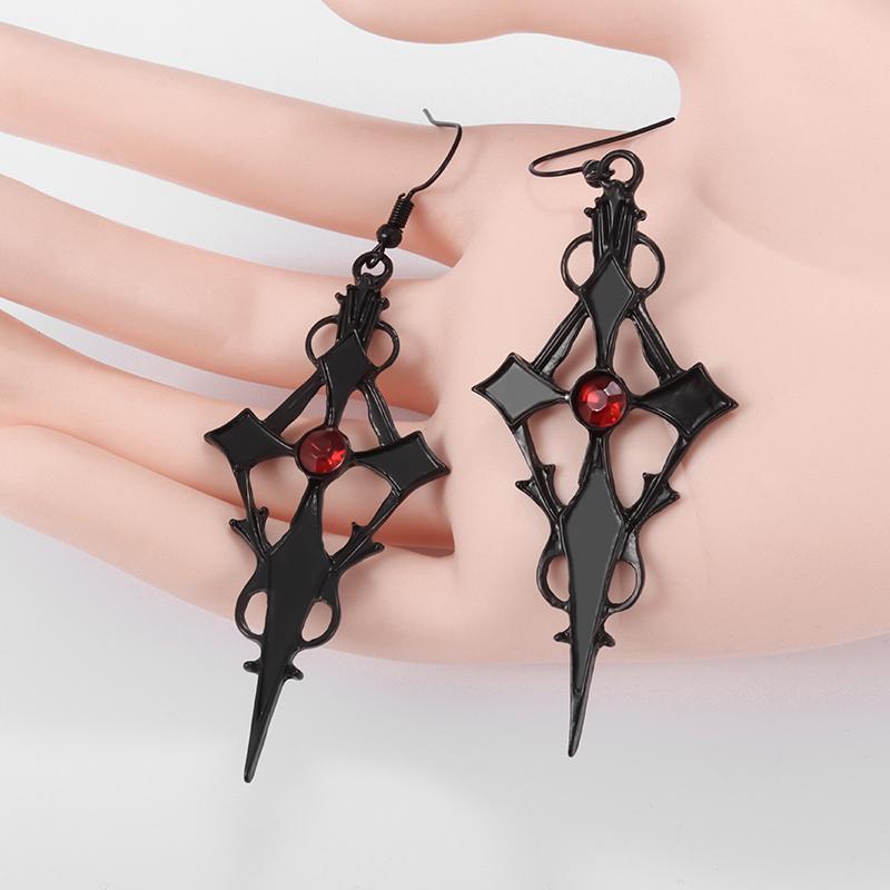 Retro Gothic Dark Style Studded Red Zircon Cross Black Metal Earrings for Women Accessories