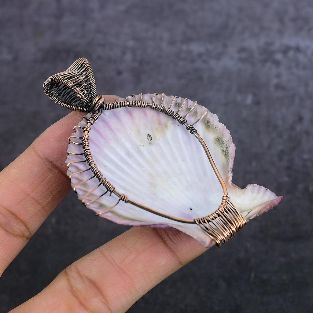 Pink Sea Shell Gemstone Handmade Copper Wire Wrap Jewelry Pendant 2.96" Z8b95