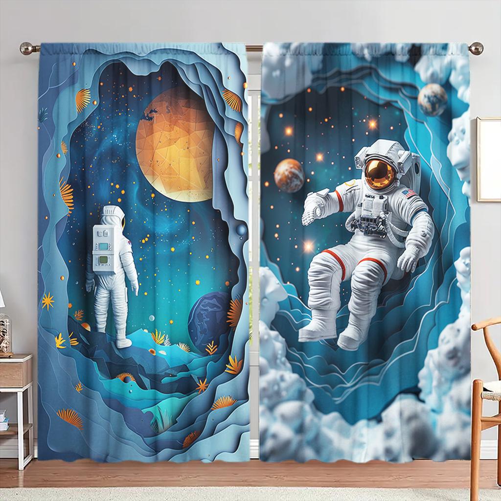 2pcs Astronaut Into Space Printed Curtain for Home Decor - Rod Pocket Window Treatment for Bedroom, Office, Kitchen, Living Room