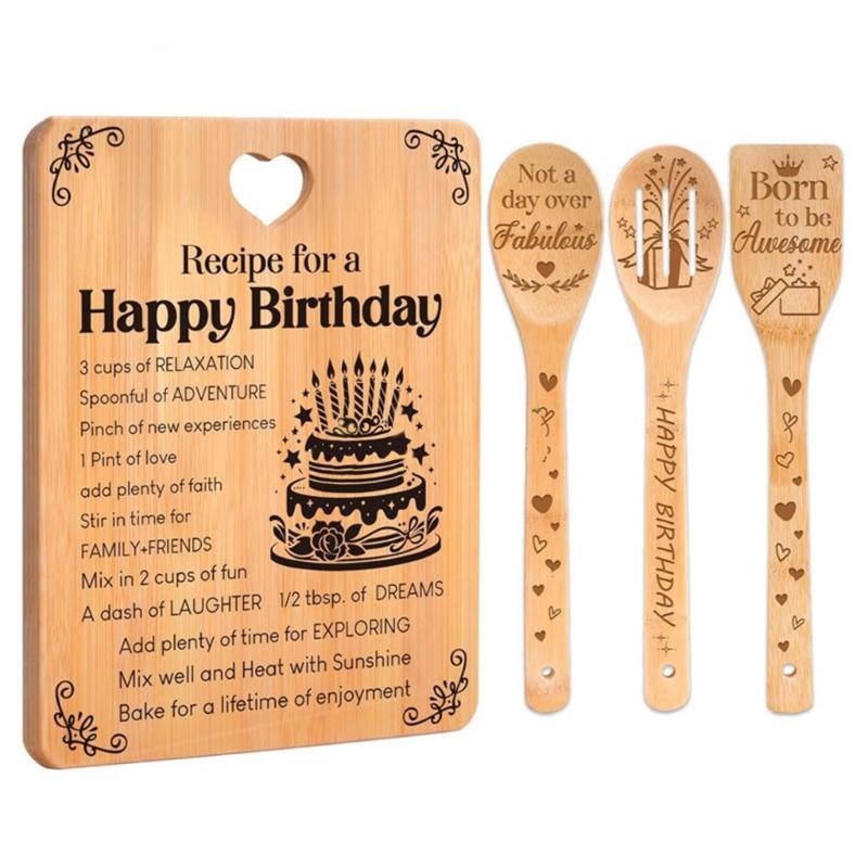 

Bamboos Wood Chopping Board with Hanging Hole Carving Chopping Board Spatula Spoon Set Christmas Or Mother Day Present