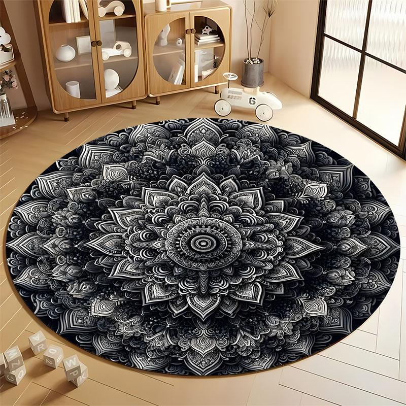 

Intricate Black and White Mandala Circle Rug for Meditation Spaces round carpet for home sofa bedroom, gift Diameter 60cm