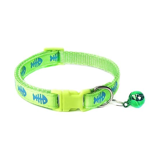 Pets Dog Cat Fish Bone Print Bell Buckle Adjustable Collar Necklace Neck Strap