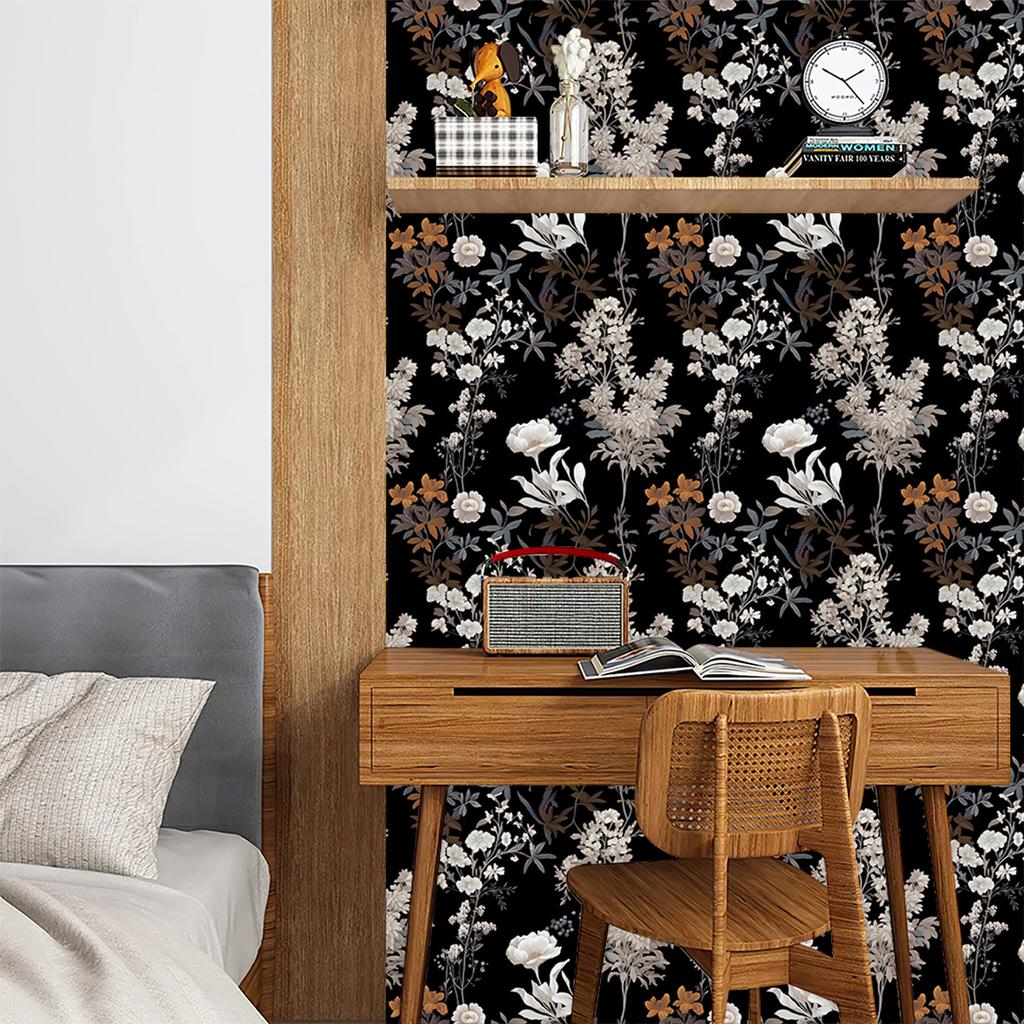 Black Floral Wallpaper Peel and Stick Contact Paper Waterproof Self-Adhesive Vinyl Wrap for Bedroom  Bathroom Cabinets Decor