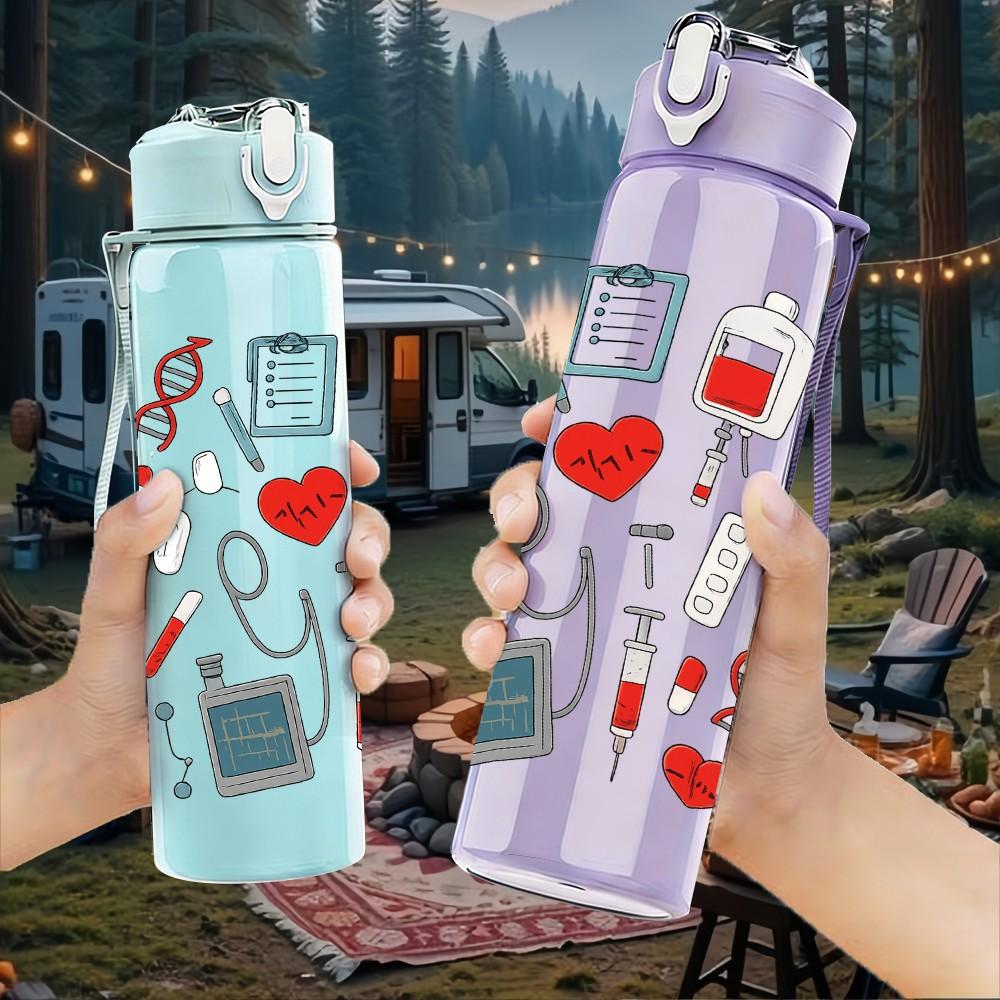 1PC Medical Tool Repeat Pattern 750ml Color Plastic Sports Water Bottle Leakproof Flip Straw Lid Suitable for Sports Office Home Use