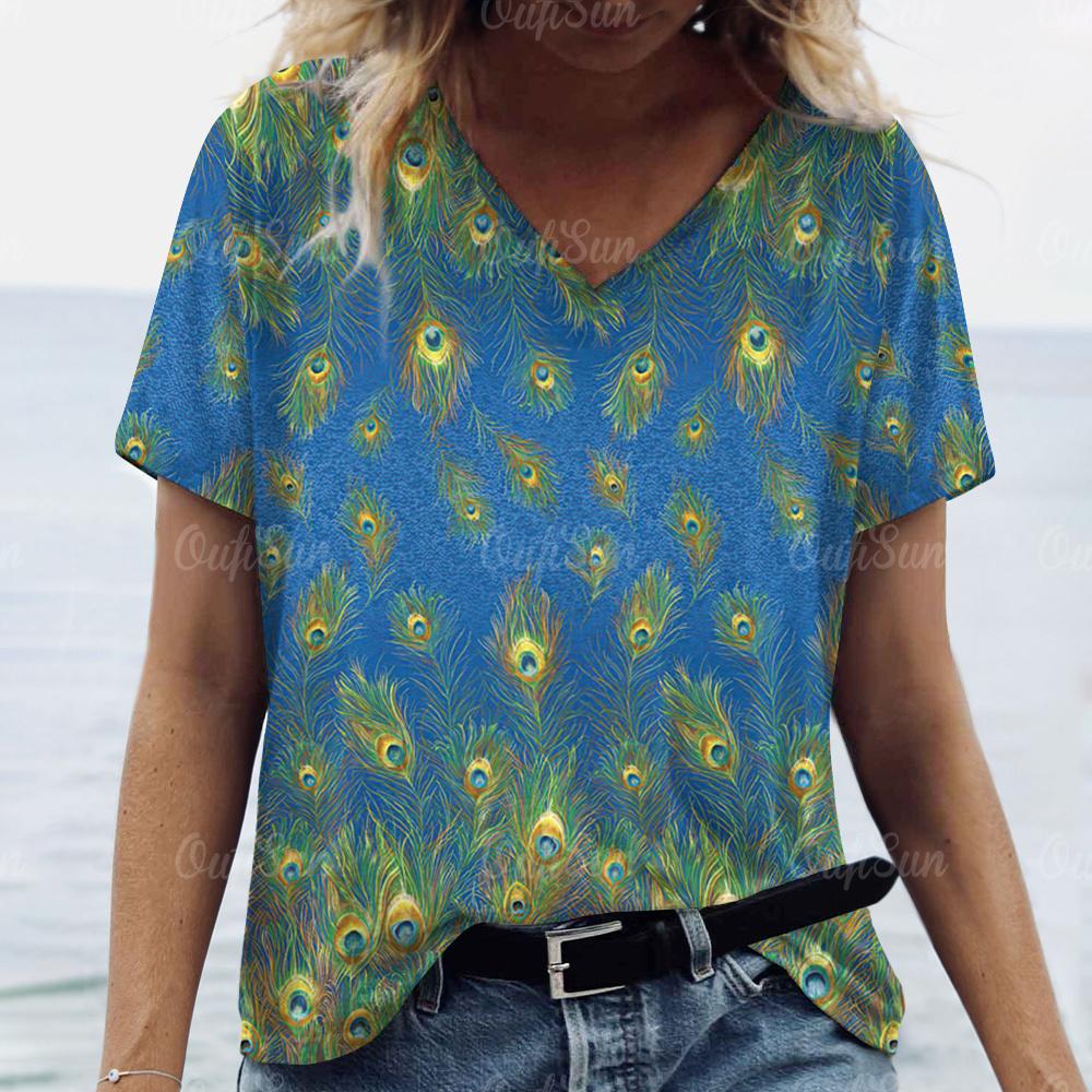 2024 New Women T-shirt Peacock Feather Print Plus Size Top Summer Women's Trend Clothing Fashion Short Sleeve Shirt V-Neck Tees