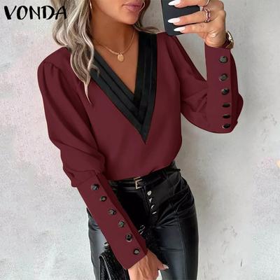 Women Autumn V-Neck Long Sleeve Decorated Cufflink Blouses