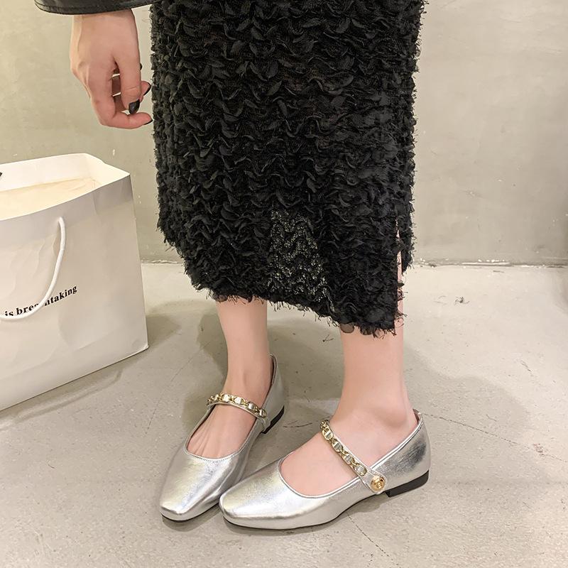 French Retro Chain Mary Jane Shoes for Women Spring Temperament Shallow Square Toe Single Strap Flat Shoes