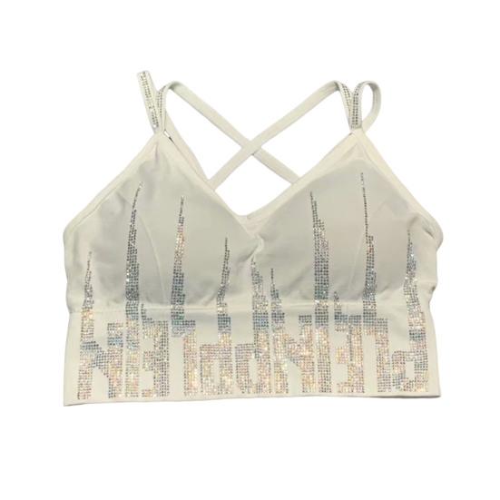 Women's Rhinestone Padded Sports Bra Seamless Cami Cropped Tank Top Crisscross Back Shiny Workout Bra