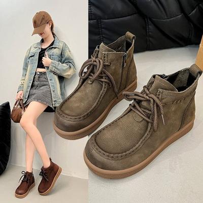 New Flat Women's Shoes, Large-sized Retro Lace-up Casual Shoes, Soft Leather Ankle Boots