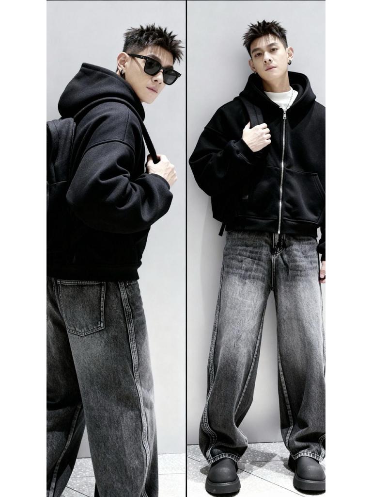 New Style Men's Heather Gray Hooded Sweatshirt with Backpack, Loose Fit, Perfect for Elementary Students.