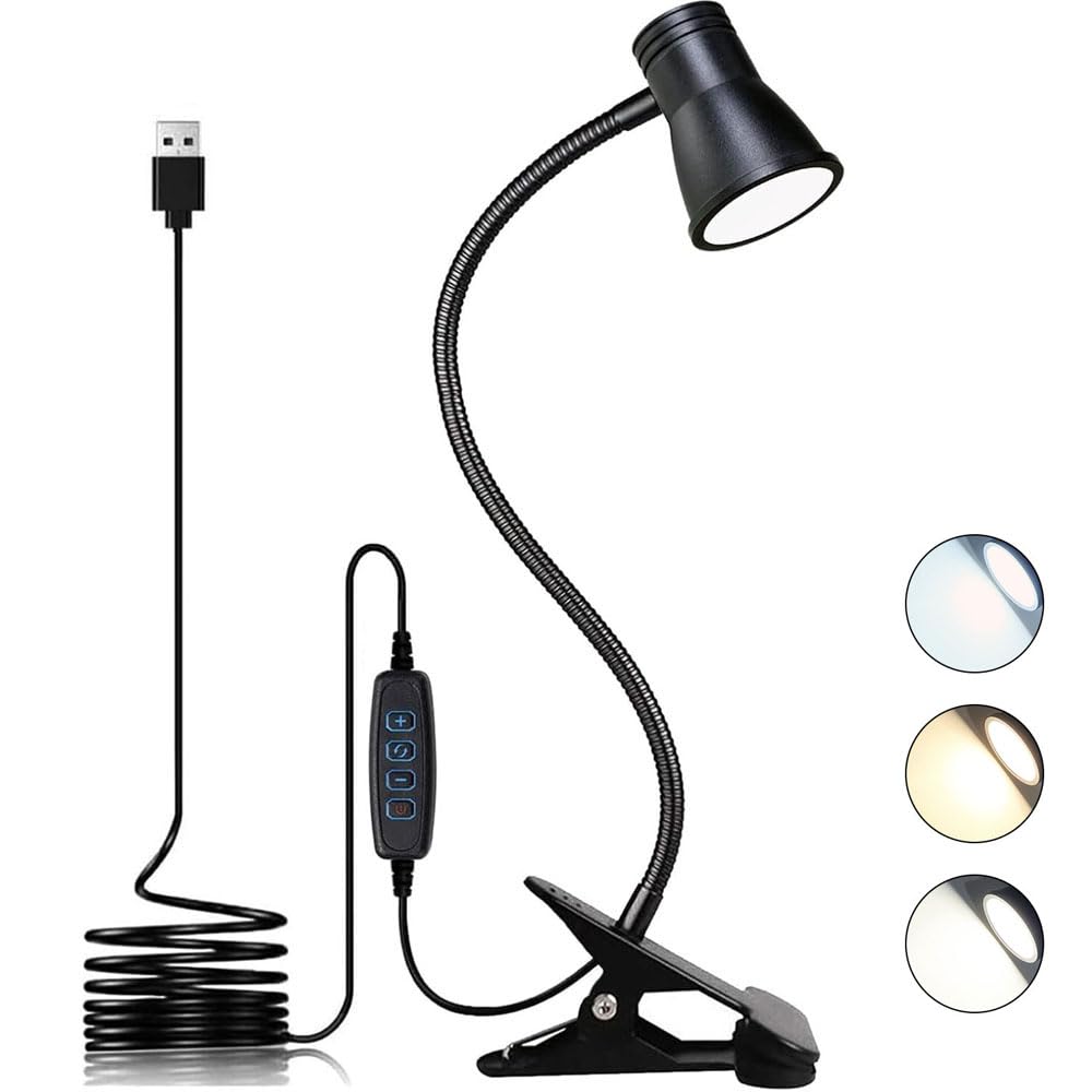 

LED Clip-on Light, Dimmable, Color-Adjustable, Desk Lamp, USB, Reading Light, Clip-on, Rechargeable, 3 Color Temperature Settings, 10 Brightness