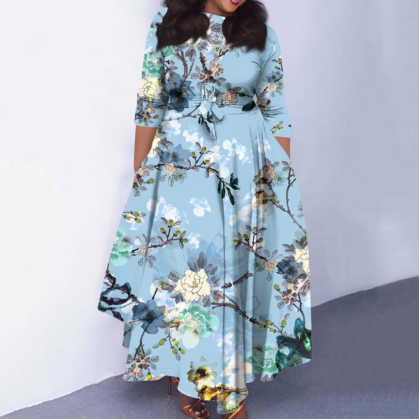 

Женское повседневное модное свободное платье большого размера с цветочным принтом и круглым вырезом, рукавами три четверти, карманами и бретелями XXXXXL синий