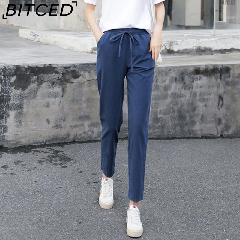 BITCED 9 Color Pure Cotton Nine Point Trousers Spring Summer Slim Straight Loose Casual Pants Women Solid Color Harem Pants