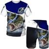 Outdoor Fishing 2 Piece Set Mens Retro 3D Printed Summer Suit Round Neck T-shirt Fashionable Loose Sports Shirt