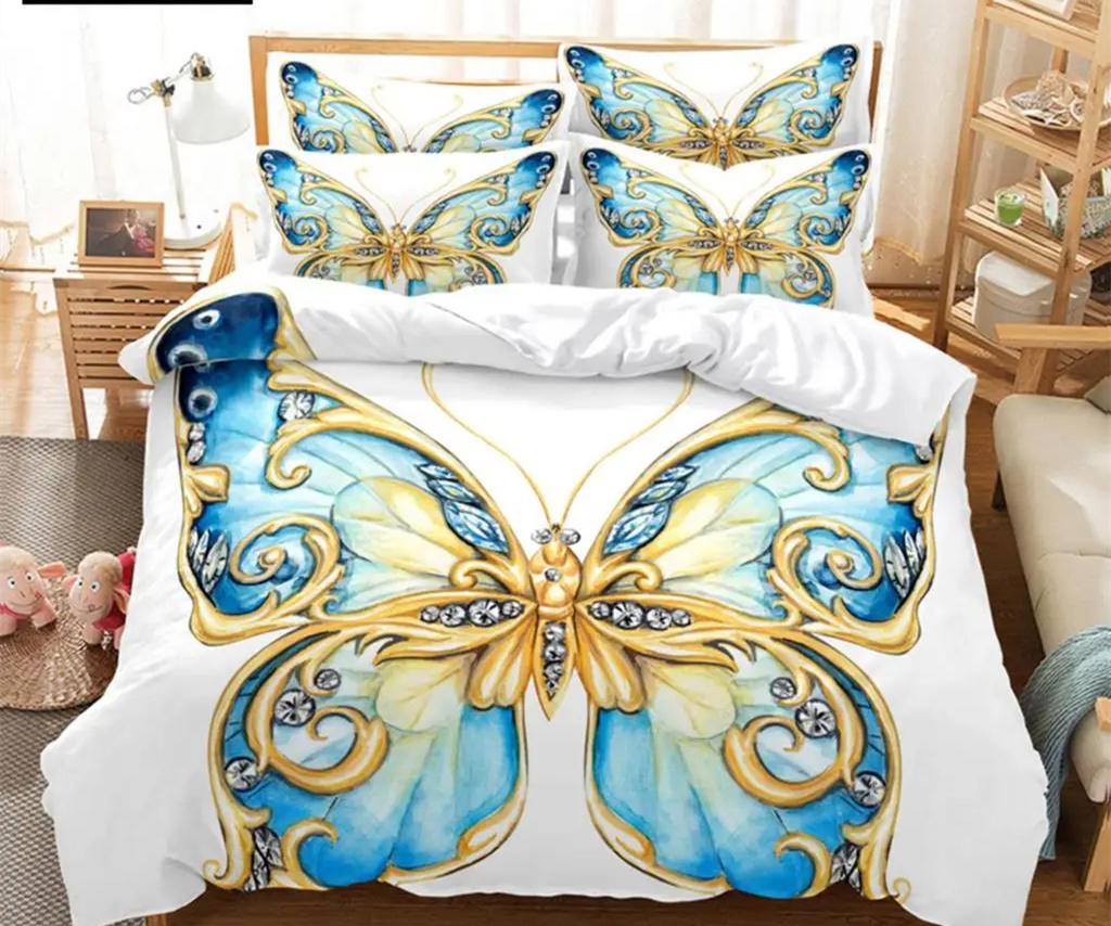 Blue Butterfly Duvet Cover Set King Queen Twin Size Double Bed Single 3D Queen Bedding Sets Pink Quilt Cover with 2 Pillowcases