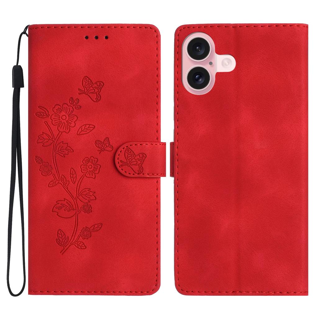 For iPhone 17 Case Leather Imprinted Flower Phone Cover Wallet with Wrist Strap
