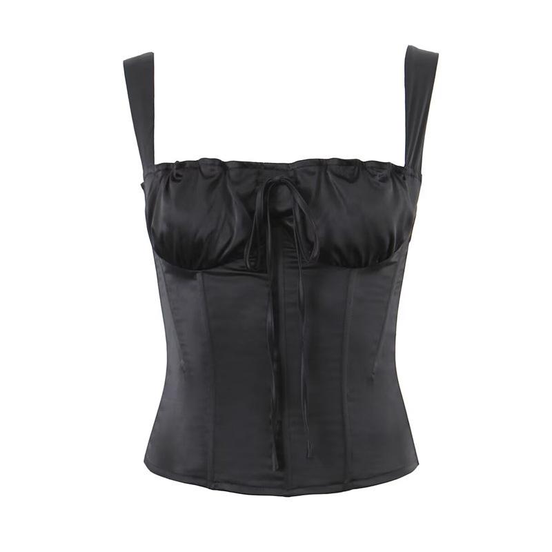 Women s French Lace-Up Waist-Cinching Pleated Camisole - Sexy Summer Sleeveless Top Small чёрный
