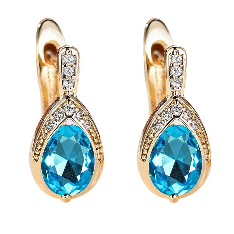 Pinduoduo Champagne Gold & Sapphire Blue Angel Tears Earrings with Zircon for Women - Niche Design