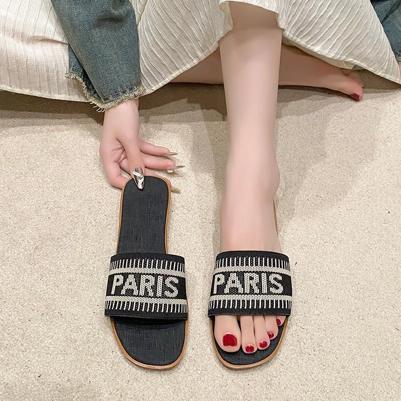 

European and American fashion outerwear casual flat-bottomed slippers 2024 autumn new letter embroidery lazy one foot cool slippers 35 чёрный