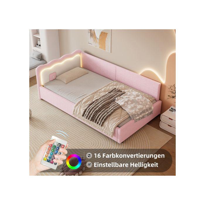 Lit de jour - MUVOE - 90x200 cm - Rose - Sommier à lattes - Éclairage LED