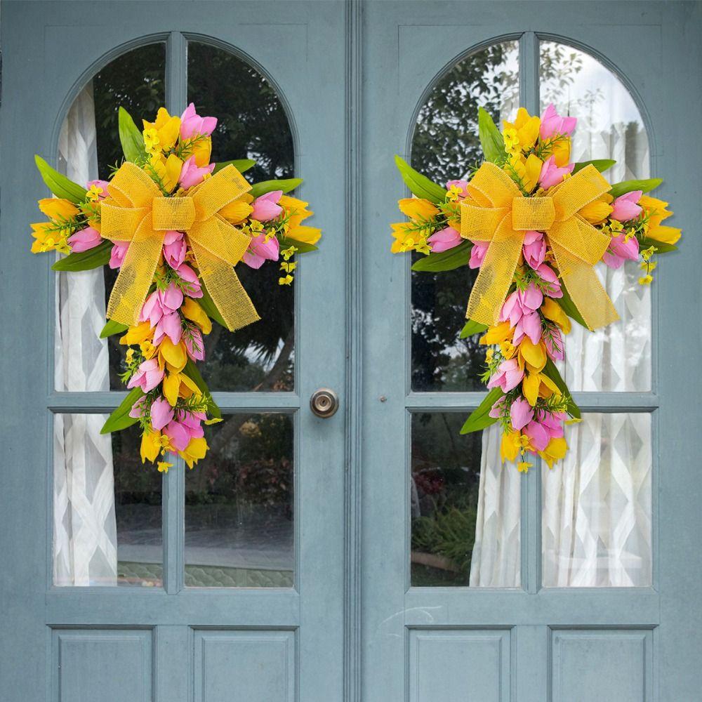 Cartoon Easter Tulip Flower Wreath Elegant Door Wreath Ornament  Home Party Decor