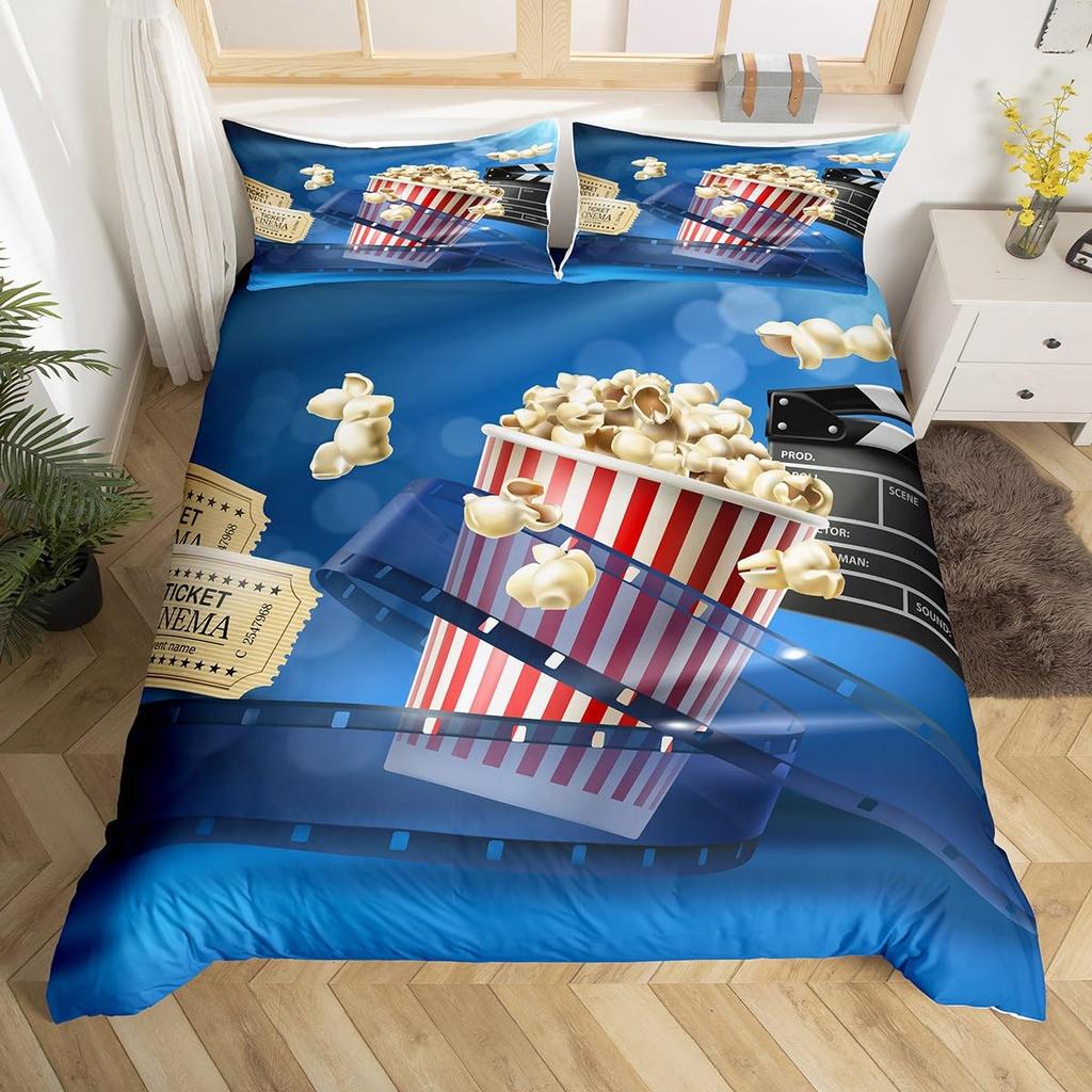 Movie Theme Duvet Cover Movie Theater Decor Bedding Set Full King Vintage Cinema Ticket Clapboard Popcorn Print Comforter Cover