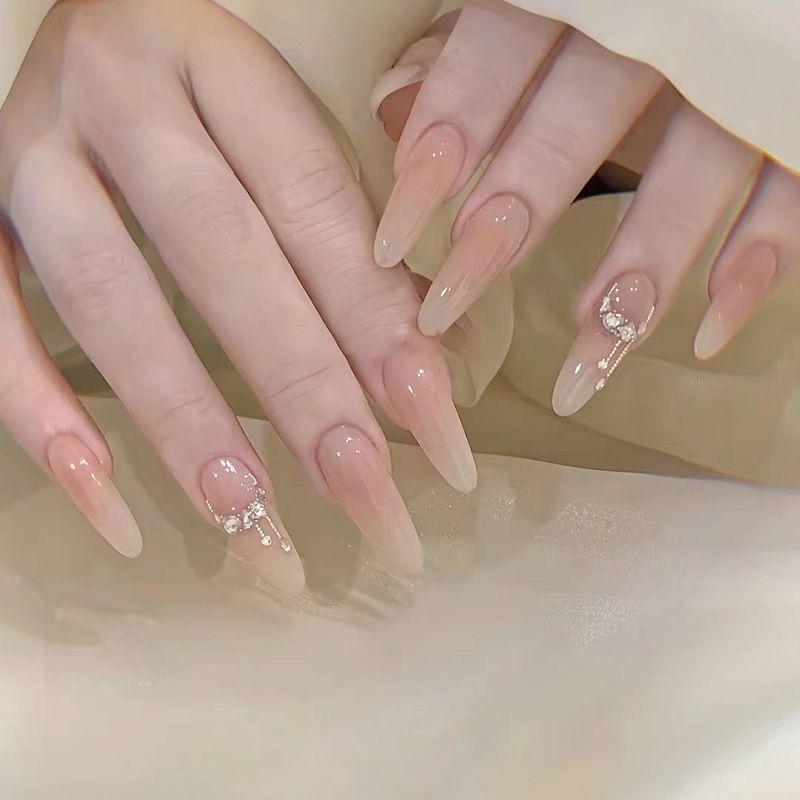 

Gentle Blush Nail Stickers Nude Color Diamond in the Debris Fancy Fake Nails Internet Hot Handmade Wear Armor XS long oval one-curtain dream
