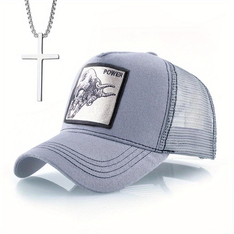 

Комплект из 2 мужских бейсболок с ожерельем, вышитая бейсболка в стиле хип-хоп, сетчатая шляпа с уткой, ожерелье с подвеской в виде креста, модная повседневная шляпа от солнца серый