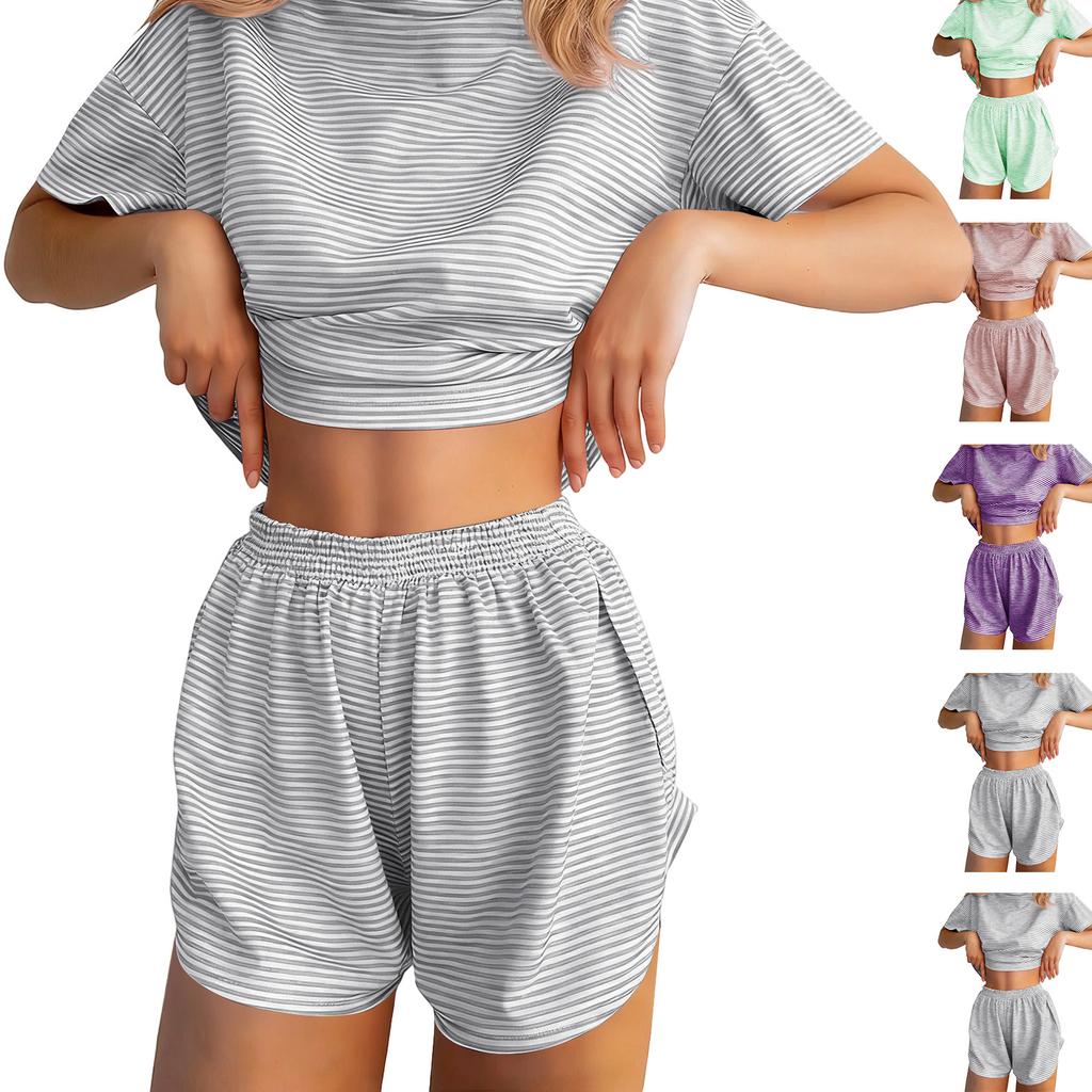 Pigiama da Donna a Maniche Corte Strisciato Stampato Due Pezzi Loungewear Scollo Pajamas Set Pantaloncini Spaccati Morbido Biancheria da Notte