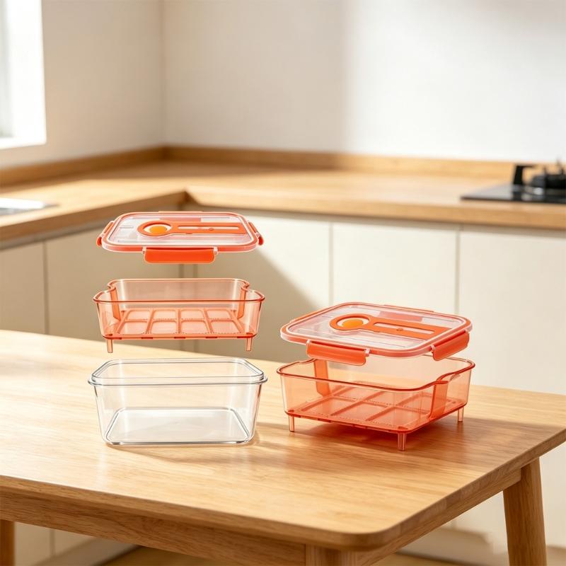 Vegetable Storage Box with Inner Drain Basket and Clip Lid for Washing, Draining, and Organized Fridge Prep Area