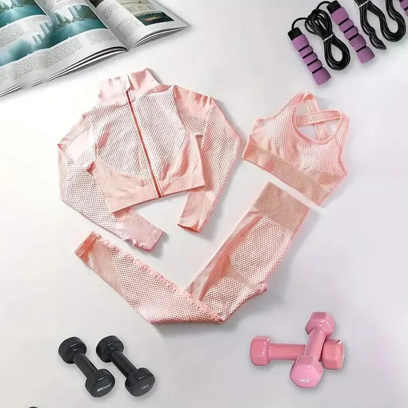 

Женская дышащая куртка из трех предметов для фитнеса с длинными рукавами, спортивный бюстгальтер с вырезами, леггинсы с высокой талией, спортивный костюм для йоги S розовый