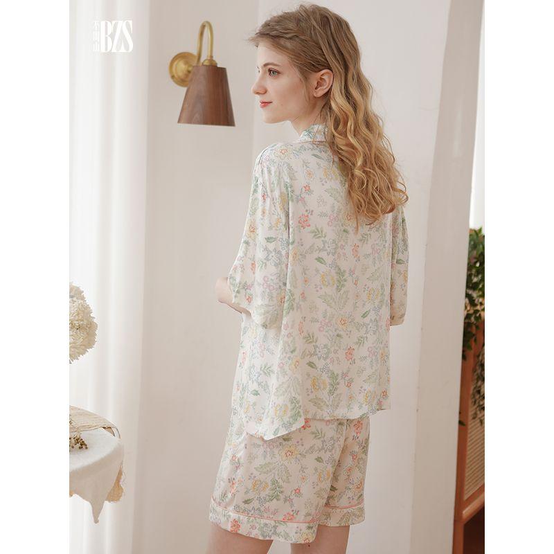 Summer Thin Floral Casual Cotton Silk Satin Home Wear Short Sleeve Shorts Two-piece Set Jardin Monet Pajamas for Women