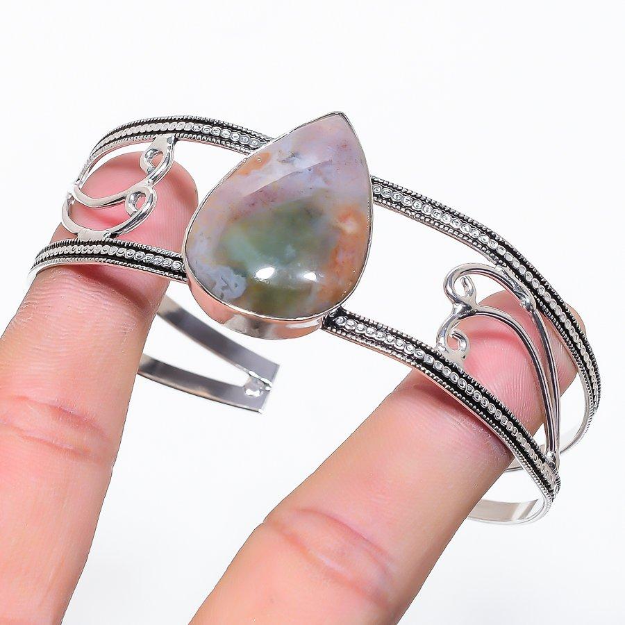 Natural Indian Moss Agate Gemstone 925 Sterling Silver Cuff Bangle Adj O3u09