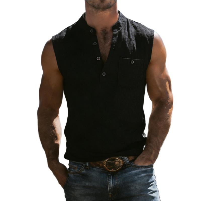 Ärmelloses Henley-Hemd für Herren aus Leinenmischung mit Brusttasche, Mehrfarbig, Lässiges Sommer-Tanktop