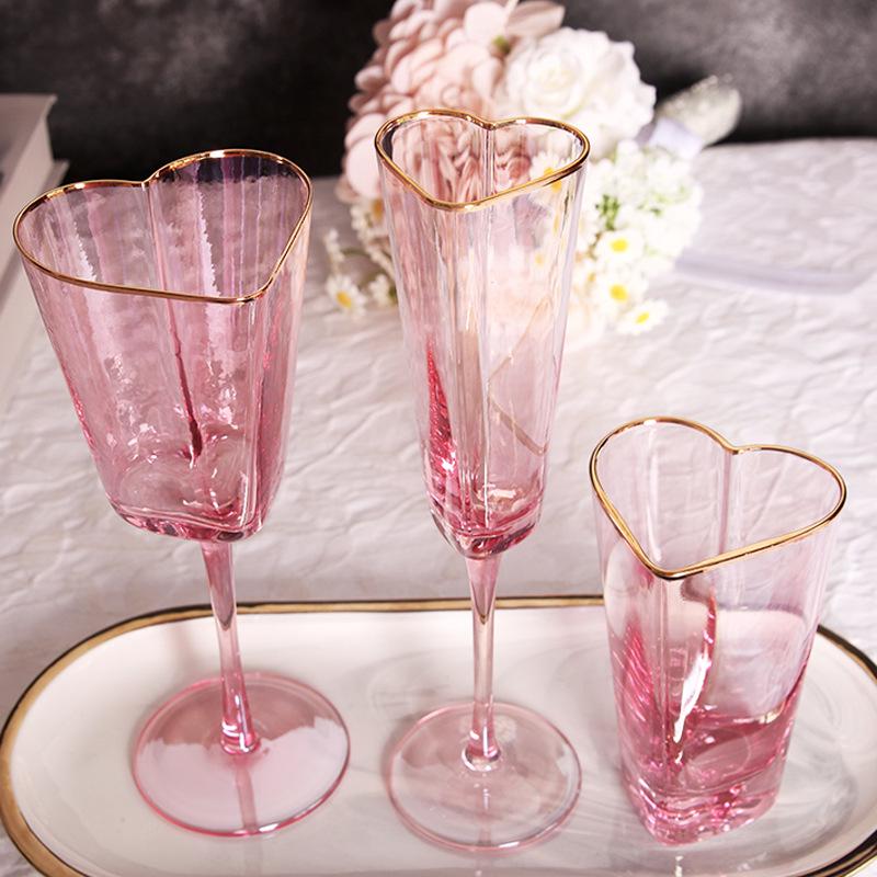 Hammered Pink Gold Rim Heart-shaped Glassware Set: Red Wine, Champagne Flute, Juice, European High-stem Glasses