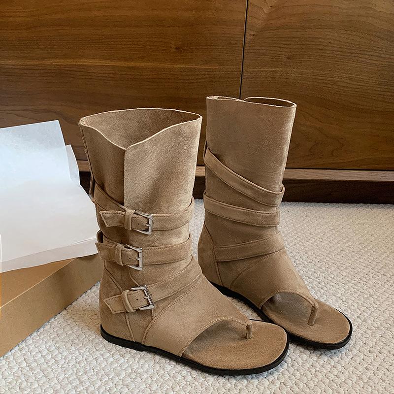 

Korean version in the summer of 2025, new toe herringbone sandals, belt buckle, inner height increase, medium tube boots, loose sleeve, cool boot 39