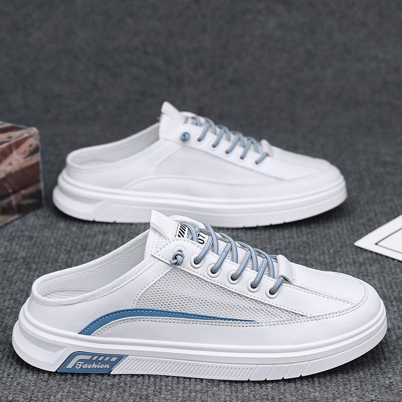 2025 Half Shoes For Men Mules Sandals Flat Summer Backless Loafers Slippers Man Slides Lace Up Mens Semi-Drag Casual Board Shoes