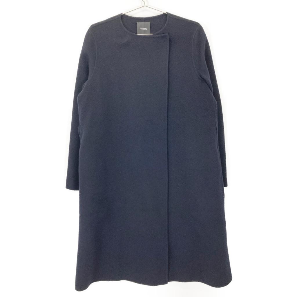 Theory 01-9309604 Navy cashmere blend double-face collarless coat coat P NavyUsed