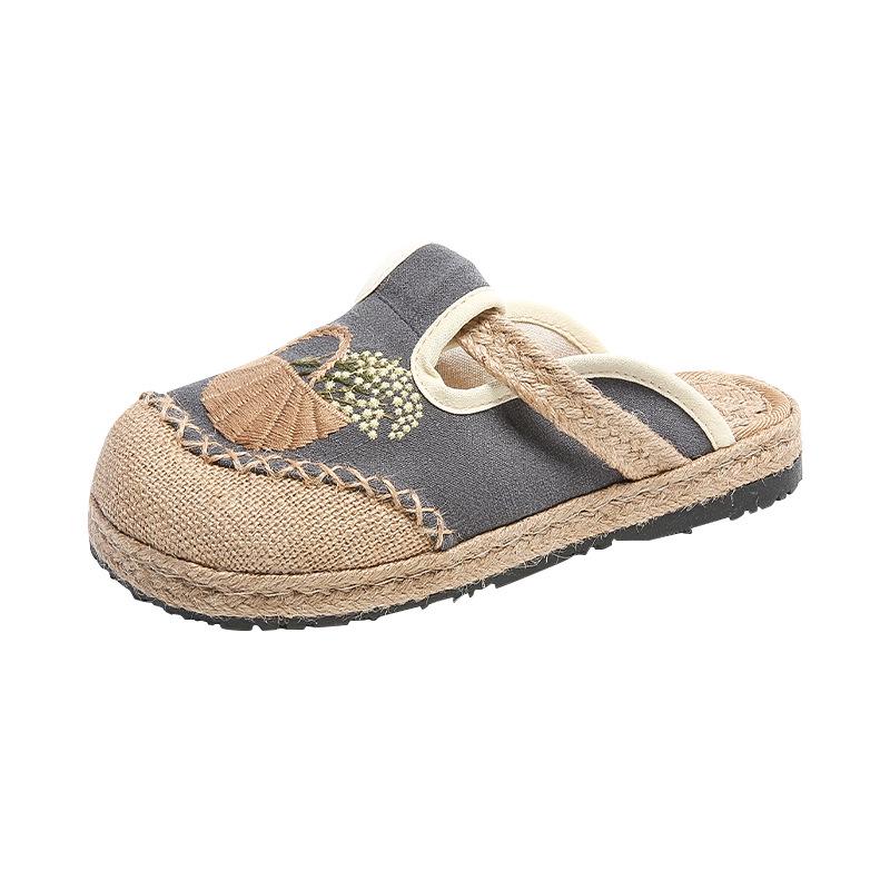 2025 Ethnic Women's Embroidered Outdoor Flat Slippers with Linen Midsole