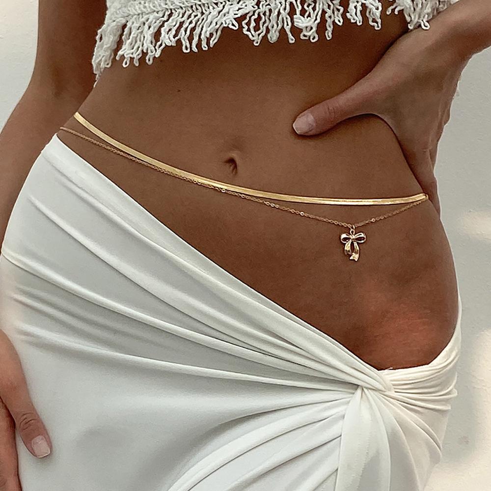 Beach Sexy Bow Pendant Waist Chain Women, Fashionable Metal Snake Bone Chain Multi-Layer Body Chain