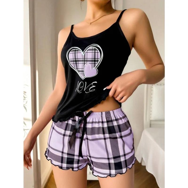 Damen Sexy Träger-Shorts Dünner Pyjama Buchstaben-Print Karoshorts Großer Pyjama Romantische Hauskleidung Sexy Nachtwäsche Kurzer Pyjama