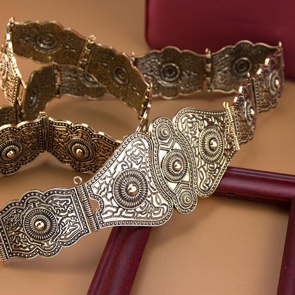 Vintage Slavic Caucasus Women Dress Belt Relief Pattern Rivet Decoration Metal Waist Belt Chain Adjustable Length