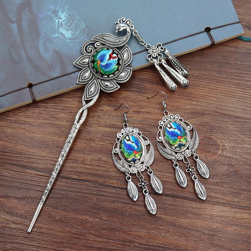 Vintage embroidery earrings hairpin classical temperament Miao peacock flower fringed earrings hair accessories set women