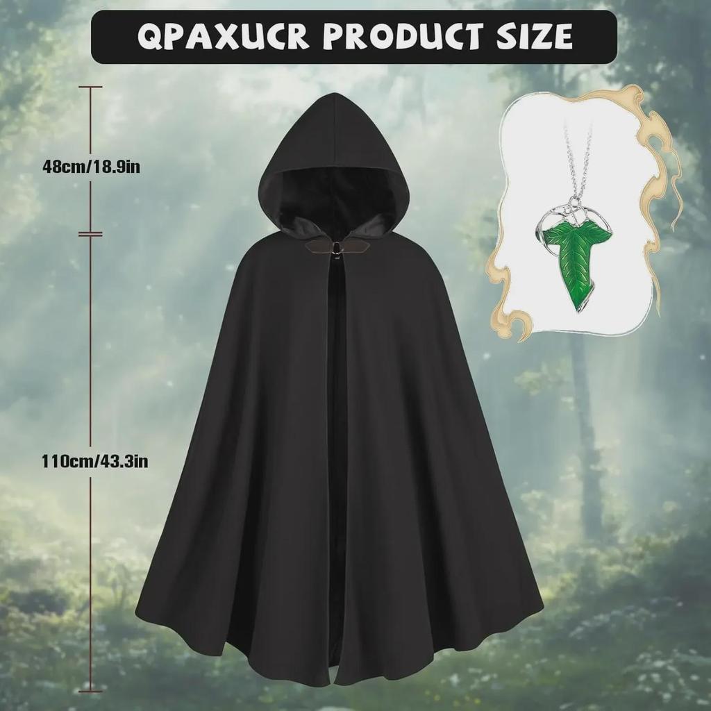 Medieval Hooded Cloak with Round Buckle and Green Leaf Brooch Necklace
