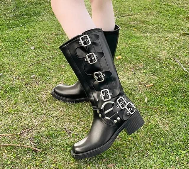 Fashion Women's High Platform Boots Metal Buckle Thick Heel Motorcycle Boots Vintage Soft Leather Punk Boot Brown Leather Knight Boot