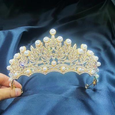 Barock Weiß Brautkleid Schmuck Galvanisierte Krone Tiara Kleid Zubehör Große Perle Haar Zubehör