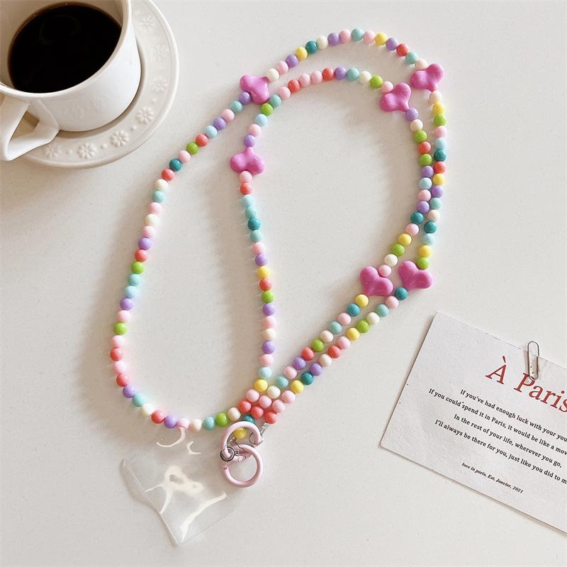Korean Style Sweet Girl Colorful Heart Handmade Beaded Phone Case Long Chain Strap Crossbody Internet Celebrity New Chain